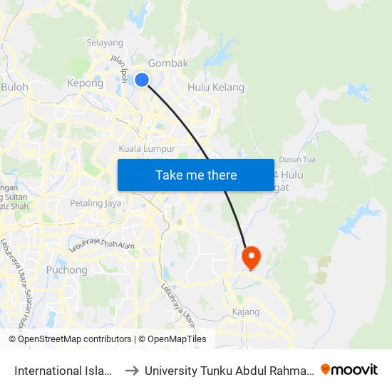 International Islamic College (Kl624) to University Tunku Abdul Rahman (Utar) Sungai Long Campus map