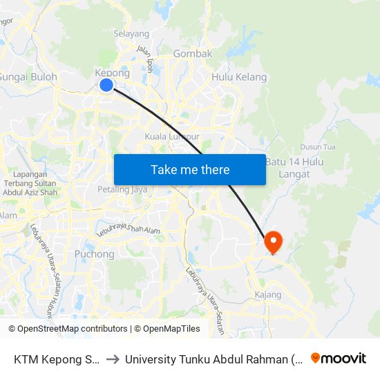KTM Kepong Sentral (Kl990) to University Tunku Abdul Rahman (Utar) Sungai Long Campus map