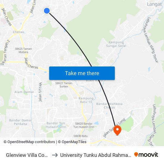 Glenview Villa Condominium (Aj259) to University Tunku Abdul Rahman (Utar) Sungai Long Campus map