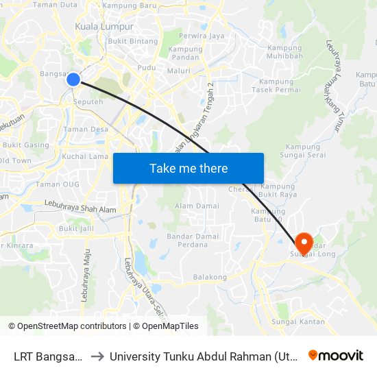 LRT Bangsar (Kl1117) to University Tunku Abdul Rahman (Utar) Sungai Long Campus map