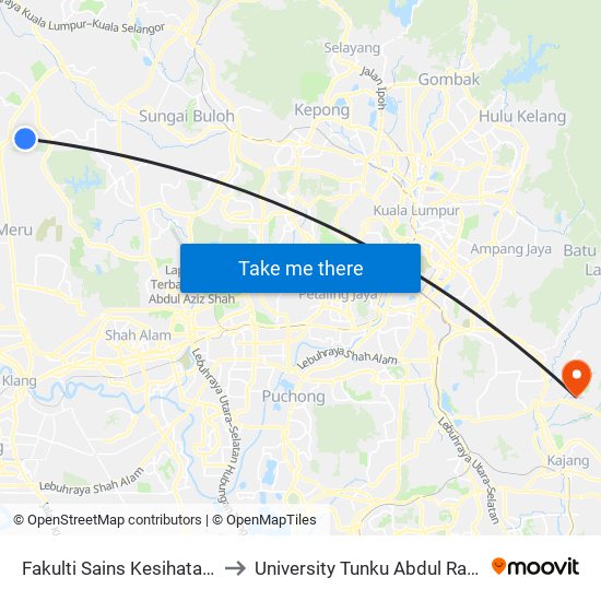 Fakulti Sains Kesihatan, UITM Puncak Alam (Ks34) to University Tunku Abdul Rahman (Utar) Sungai Long Campus map