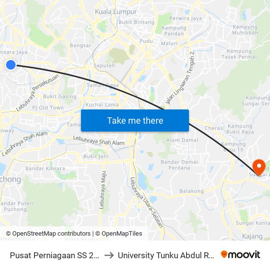 Pusat Perniagaan SS 2 Petaling Jaya (Selatan) (Pj347) to University Tunku Abdul Rahman (Utar) Sungai Long Campus map