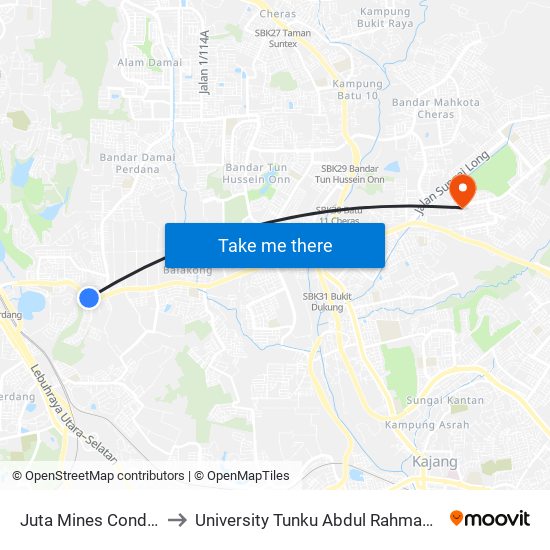 Juta Mines Condominium (Kj701) to University Tunku Abdul Rahman (Utar) Sungai Long Campus map