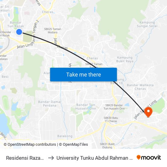 Residensi Razakmas 2 (Kl287) to University Tunku Abdul Rahman (Utar) Sungai Long Campus map