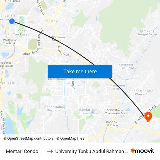 Mentari Condominium (Kl1957) to University Tunku Abdul Rahman (Utar) Sungai Long Campus map