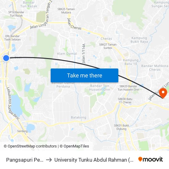 Pangsapuri Permai (Kl784) to University Tunku Abdul Rahman (Utar) Sungai Long Campus map