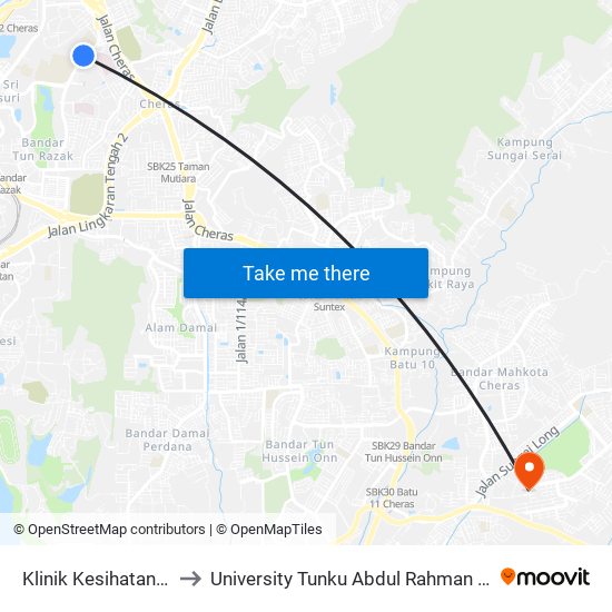 Klinik Kesihatan Cheras (Kl352) to University Tunku Abdul Rahman (Utar) Sungai Long Campus map