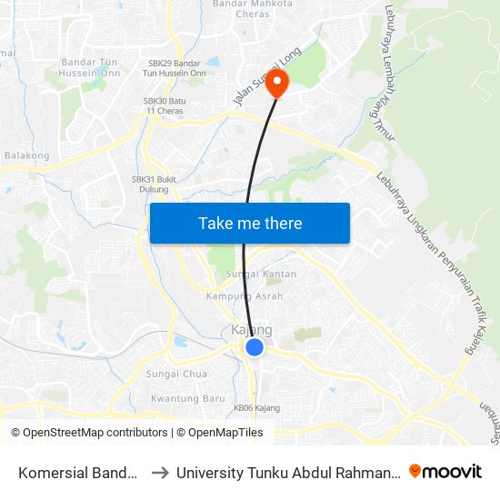 Komersial Bandar Kajang (Kj507) to University Tunku Abdul Rahman (Utar) Sungai Long Campus map