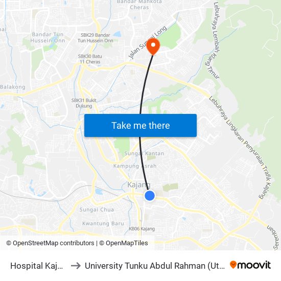 Hospital Kajang (Kj473) to University Tunku Abdul Rahman (Utar) Sungai Long Campus map