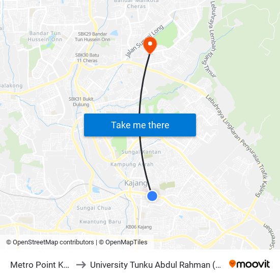 Metro Point Kajang (Kj479) to University Tunku Abdul Rahman (Utar) Sungai Long Campus map