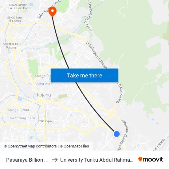 Pasaraya Billion Semenyih (Kj487) to University Tunku Abdul Rahman (Utar) Sungai Long Campus map