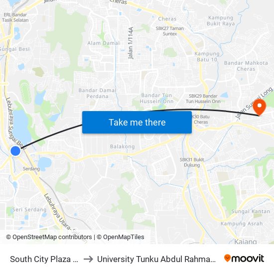 South City Plaza (Selatan) (Sj101) to University Tunku Abdul Rahman (Utar) Sungai Long Campus map