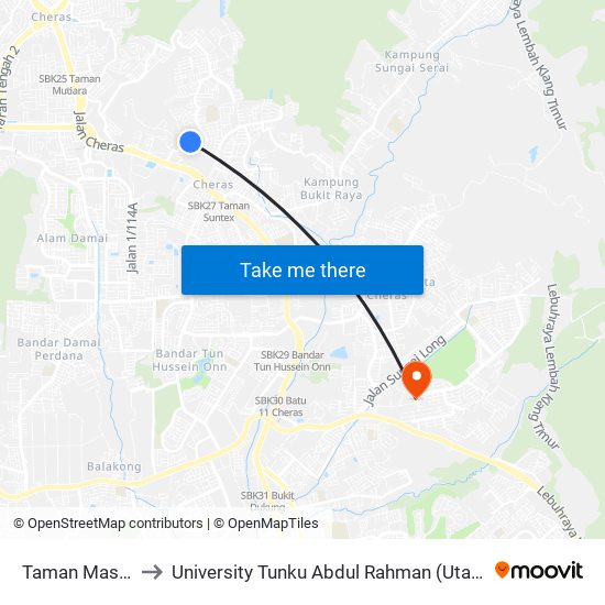 Taman Masria (Kj19) to University Tunku Abdul Rahman (Utar) Sungai Long Campus map