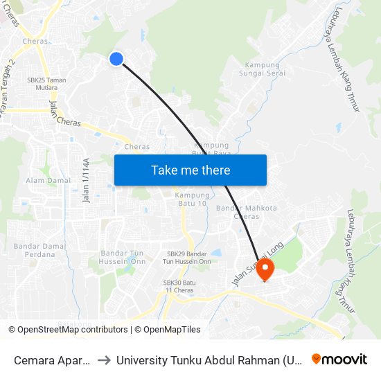 Cemara Apartment (Kj1) to University Tunku Abdul Rahman (Utar) Sungai Long Campus map