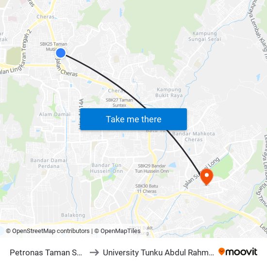 Petronas Taman Segar (Selatan) (Kl916) to University Tunku Abdul Rahman (Utar) Sungai Long Campus map