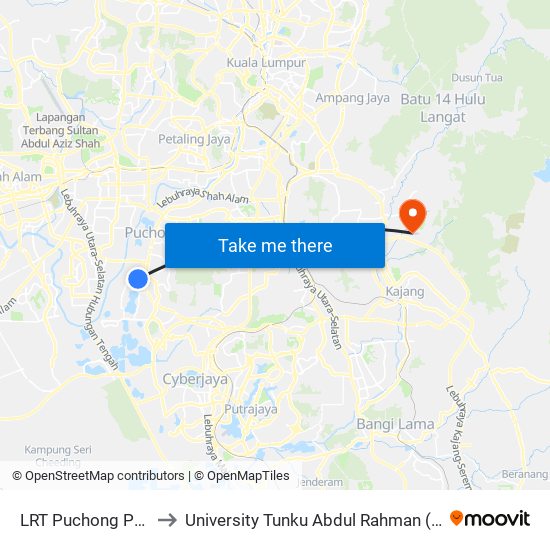 LRT Puchong Perdana (Sj299) to University Tunku Abdul Rahman (Utar) Sungai Long Campus map