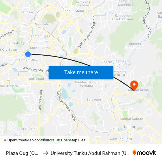 Plaza Oug (Kl1249) to University Tunku Abdul Rahman (Utar) Sungai Long Campus map