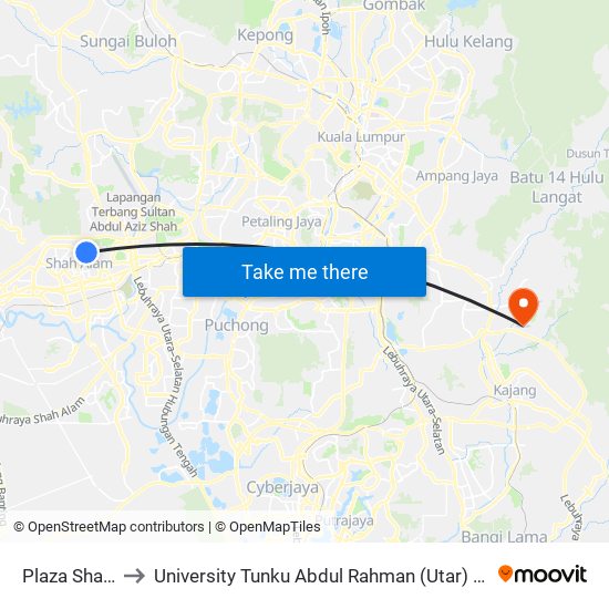 Plaza Shah Alam to University Tunku Abdul Rahman (Utar) Sungai Long Campus map