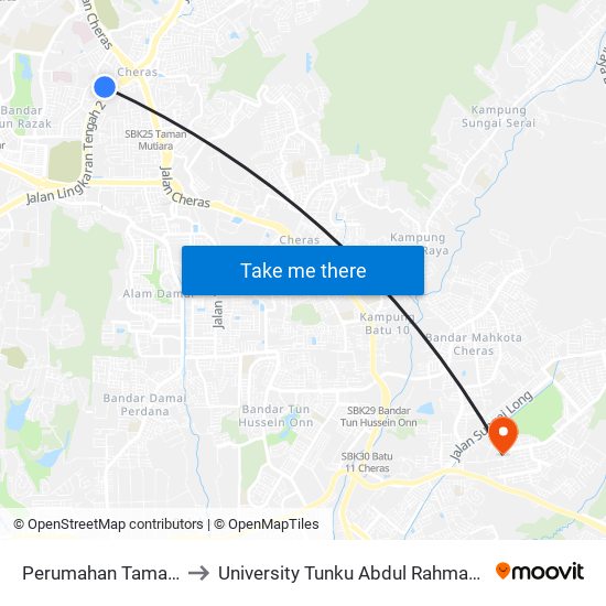 Perumahan Taman Midah (Kl2422) to University Tunku Abdul Rahman (Utar) Sungai Long Campus map