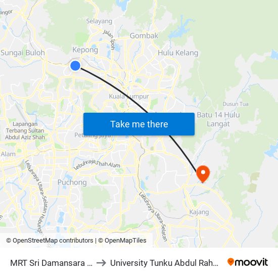 MRT Sri Damansara Sentral, Pintu A (Pj866) to University Tunku Abdul Rahman (Utar) Sungai Long Campus map