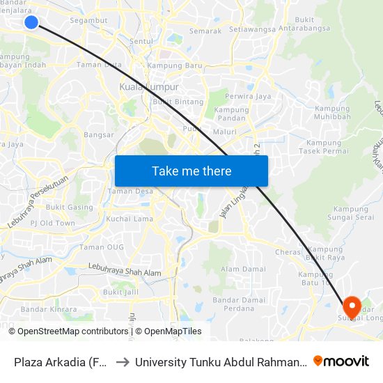 Plaza Arkadia (Faraday) (Kl2435) to University Tunku Abdul Rahman (Utar) Sungai Long Campus map