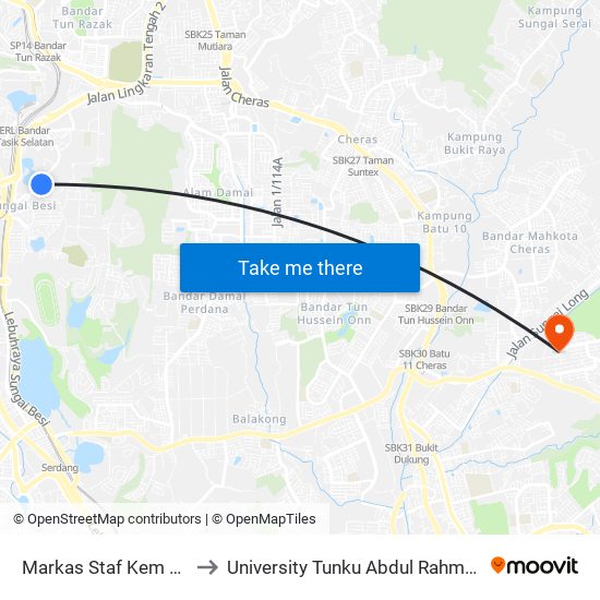 Markas Staf Kem Sungai Besi (Kl1671) to University Tunku Abdul Rahman (Utar) Sungai Long Campus map