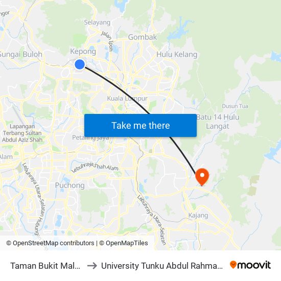 Taman Bukit Maluri (Barat) (Kl557) to University Tunku Abdul Rahman (Utar) Sungai Long Campus map
