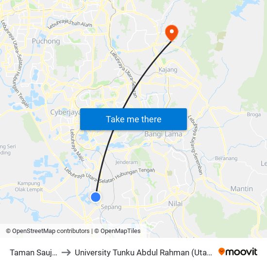 Taman Saujana KLIA to University Tunku Abdul Rahman (Utar) Sungai Long Campus map