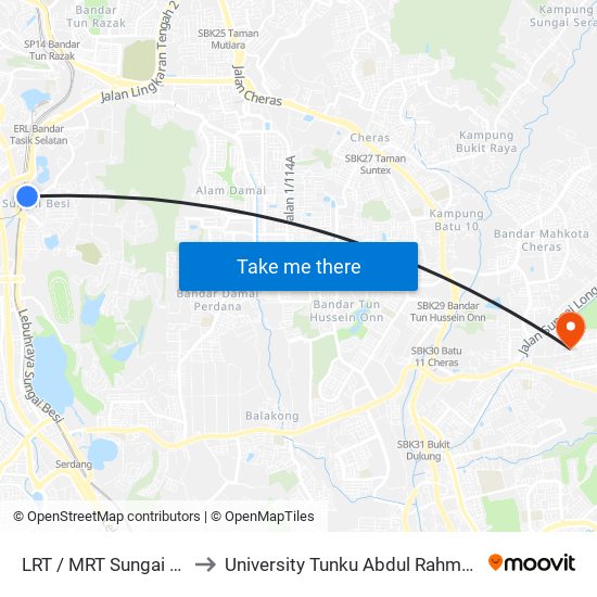 LRT / MRT Sungai Besi, Pintu A (Kl783) to University Tunku Abdul Rahman (Utar) Sungai Long Campus map