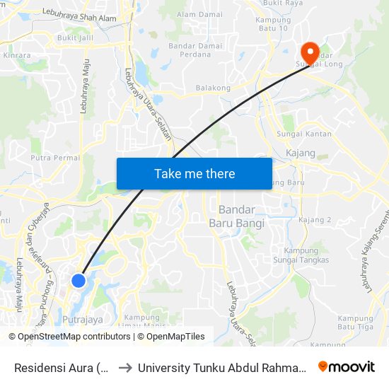 Residensi Aura (Selatan) (Ppj384) to University Tunku Abdul Rahman (Utar) Sungai Long Campus map