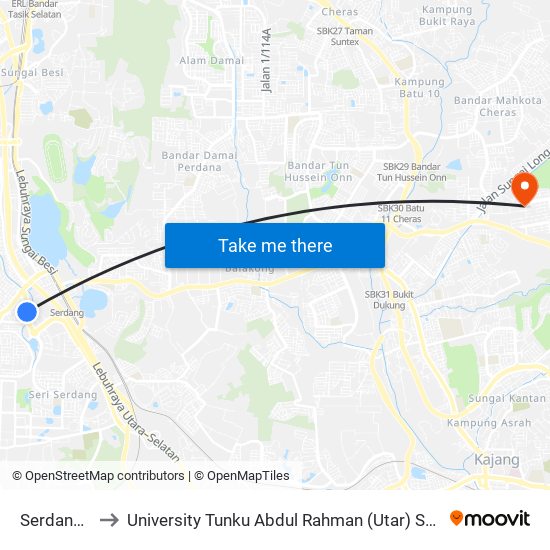 Serdang Jaya to University Tunku Abdul Rahman (Utar) Sungai Long Campus map