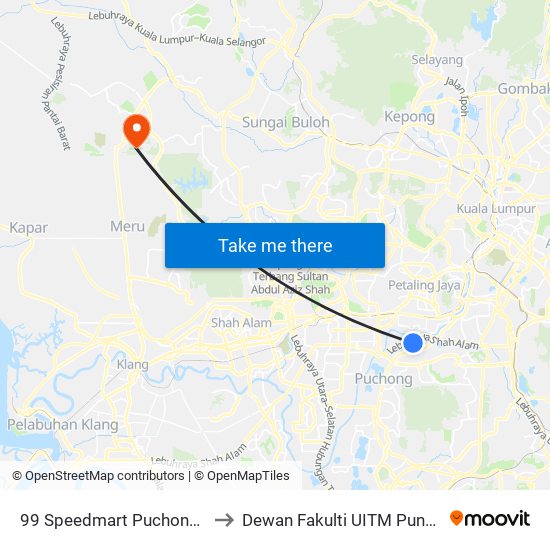 99 Speedmart Puchong Kinrara to Dewan Fakulti UITM Puncak Alam map