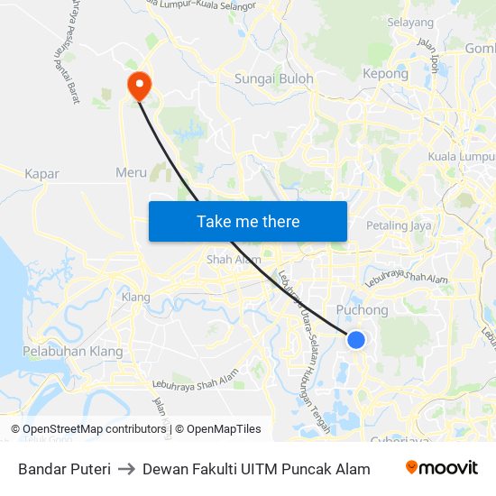 Bandar Puteri to Dewan Fakulti UITM Puncak Alam map