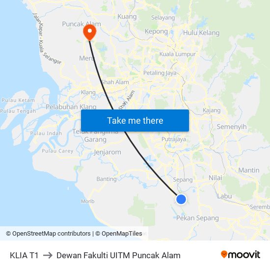KLIA T1 to Dewan Fakulti UITM Puncak Alam map