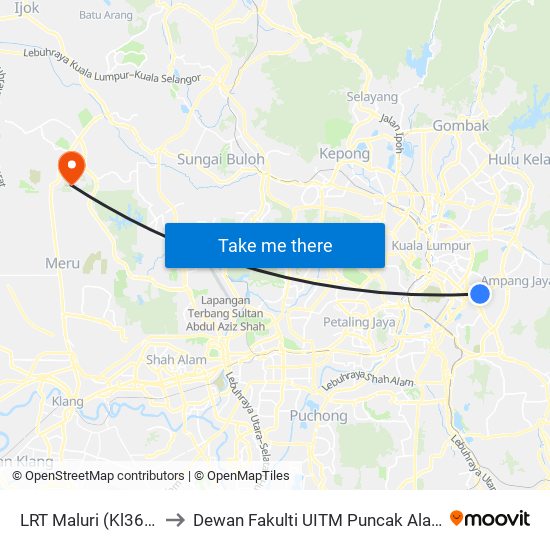 LRT Maluri (Kl361) to Dewan Fakulti UITM Puncak Alam map