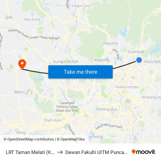 LRT Taman Melati (Kl195) to Dewan Fakulti UITM Puncak Alam map