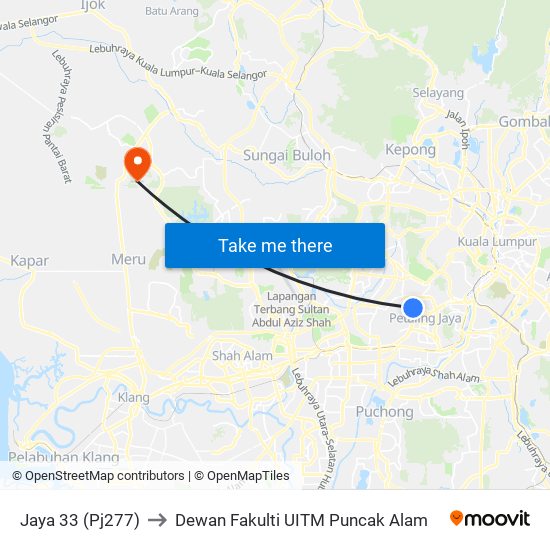 Jaya 33 (Pj277) to Dewan Fakulti UITM Puncak Alam map