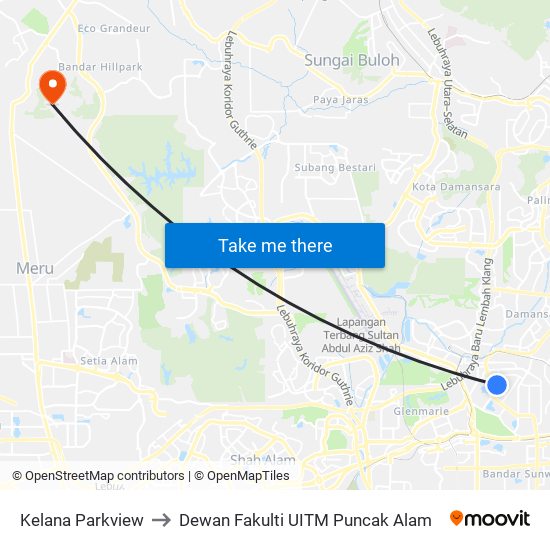 Kelana Parkview to Dewan Fakulti UITM Puncak Alam map