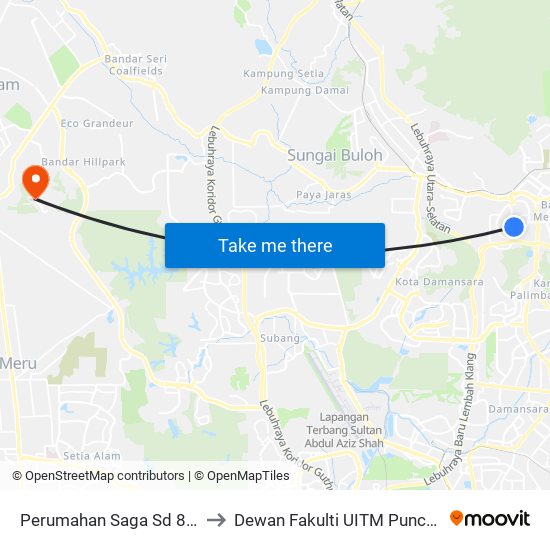 Perumahan Saga Sd 8 (Pj41) to Dewan Fakulti UITM Puncak Alam map