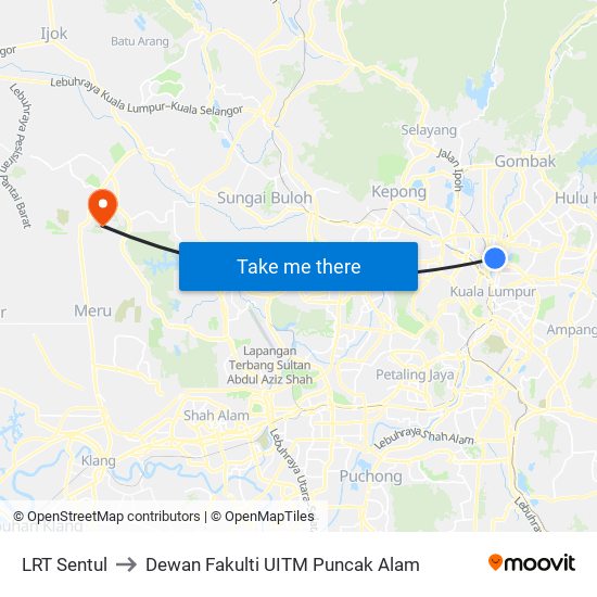 LRT Sentul to Dewan Fakulti UITM Puncak Alam map