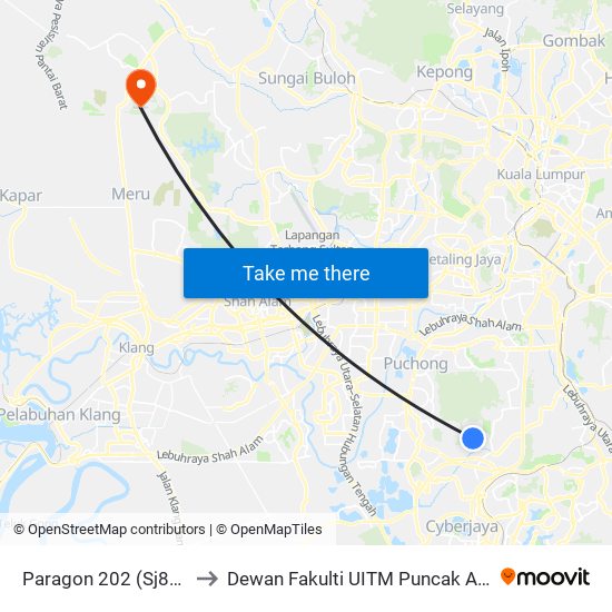 Paragon 202 (Sj871) to Dewan Fakulti UITM Puncak Alam map