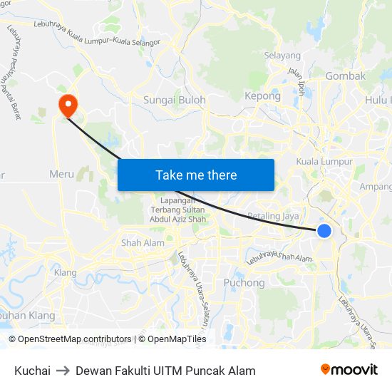 Kuchai to Dewan Fakulti UITM Puncak Alam map