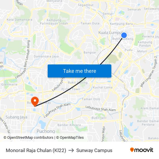Monorail Raja Chulan (Kl22) to Sunway Campus map