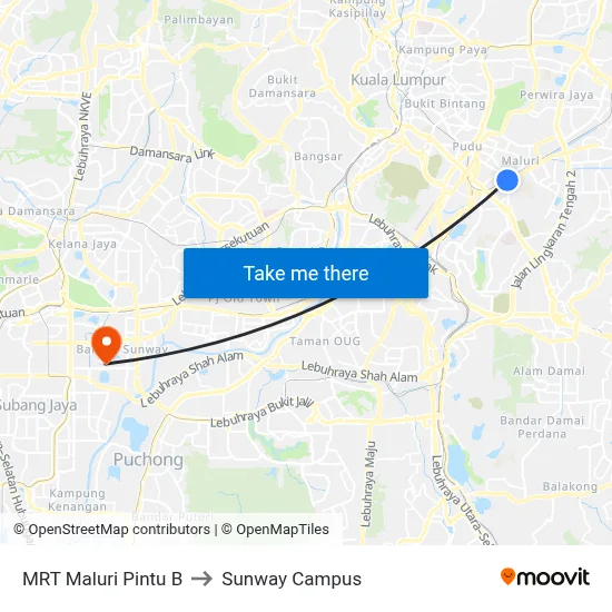 MRT Maluri Pintu B to Sunway Campus map
