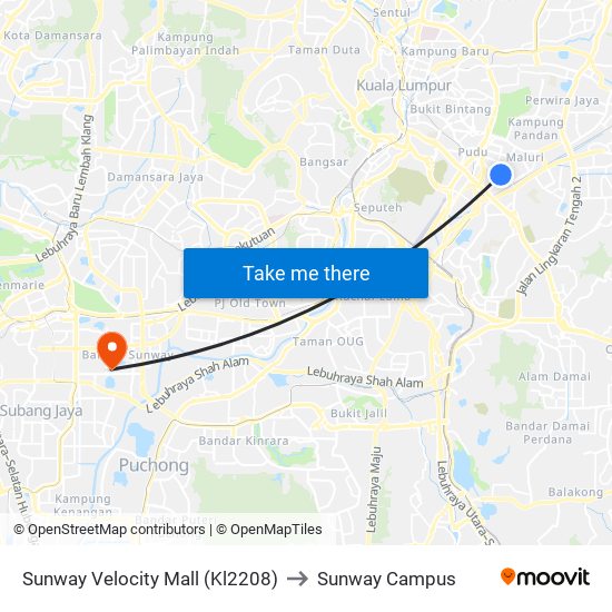 Sunway Velocity Mall (Kl2208) to Sunway Campus map