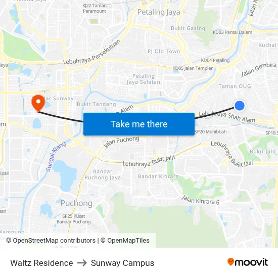 Waltz Residence to Sunway Campus map