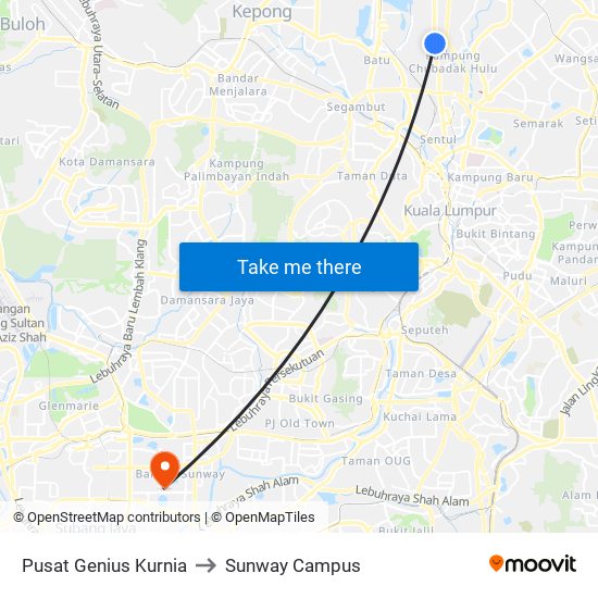 Pusat Genius Kurnia to Sunway Campus map