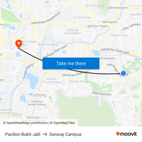 Pavilion Bukit Jalil to Sunway Campus map