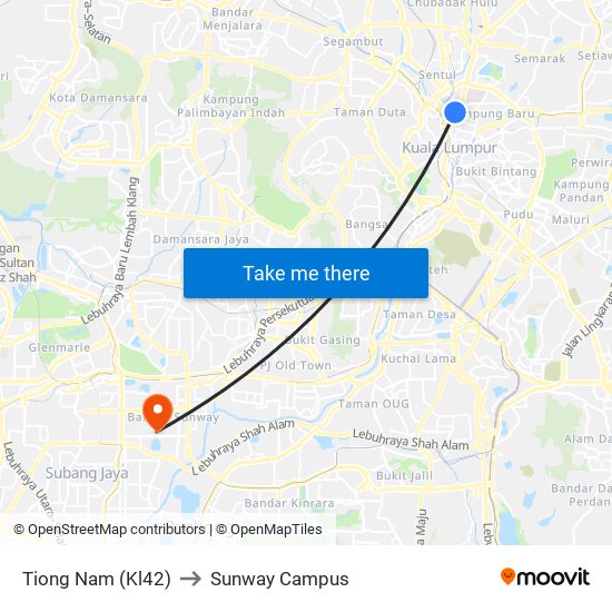 Tiong Nam (Kl42) to Sunway Campus map