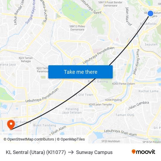 KL Sentral (Utara) (Kl1077) to Sunway Campus map